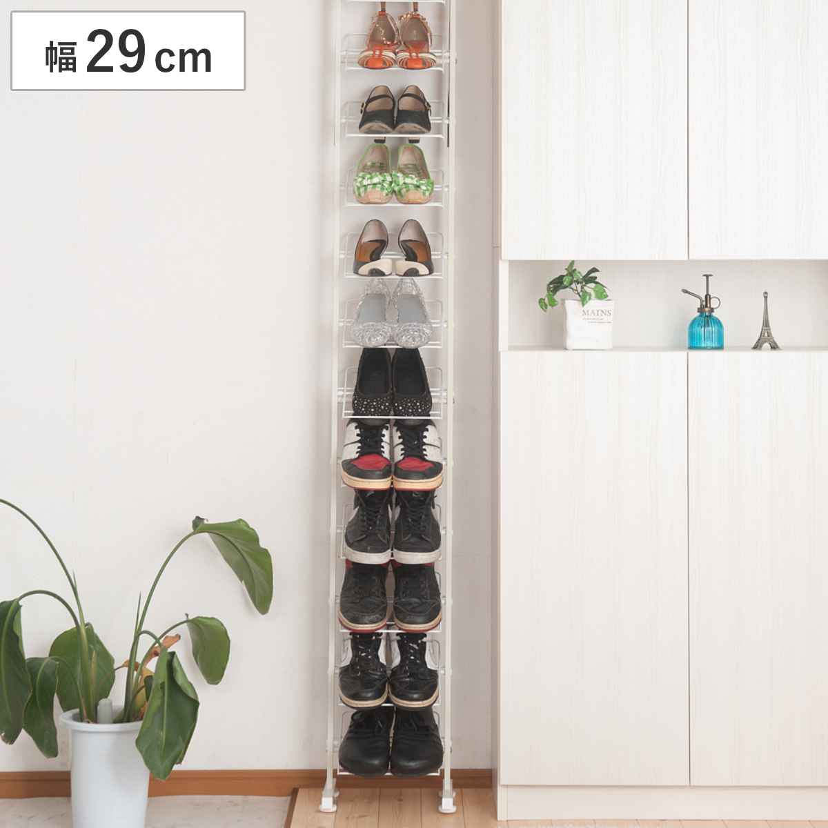 突っ張り シューズラック 幅29cm 薄型 ホワイト 日本製 見せる収納 壁面収納 つっぱり スリム 省スペース 靴収納 最大12足 つっぱり式 天井突っ張り式 靴 スニーカー ブーツ ヒール