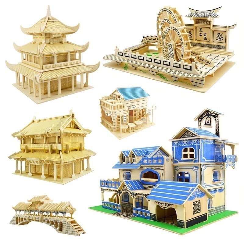 別荘と外国の建築子供大人教育玩具木製 3d 立体パズル Diy マニュアル面付けモデル