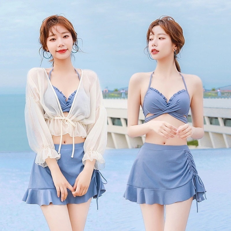 【急速出荷!】水着 レディース 20代40代 水着セット ビキニ 3点セット シフォンアウター 小胸バンドゥ 夏新 5,637円