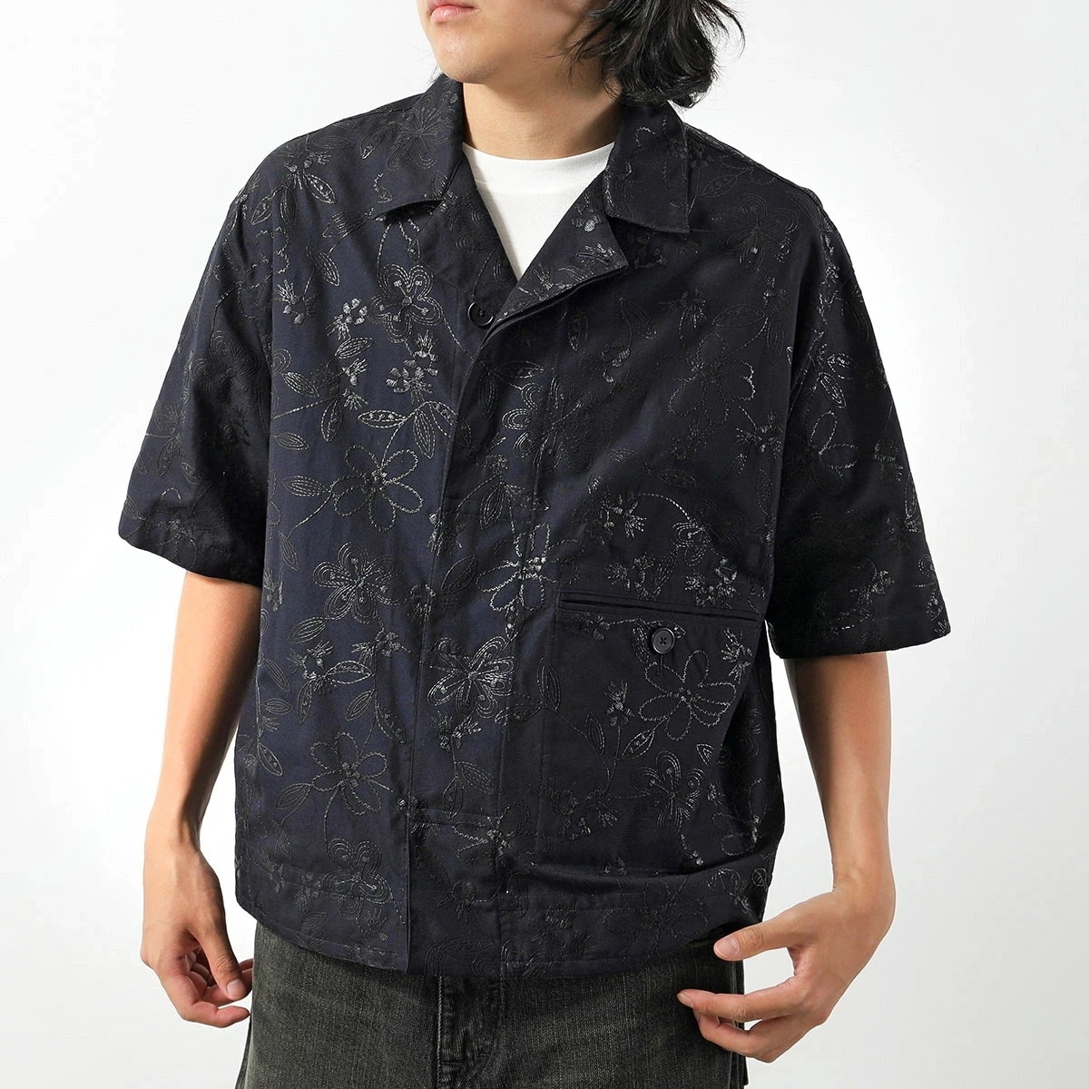 HERMES エルメス 半袖シャツ Fleurs technique short-sleeve overshirt H552300HE メンズ 半袖 オーバーシャツ コットン フラワー刺繍 ブラック