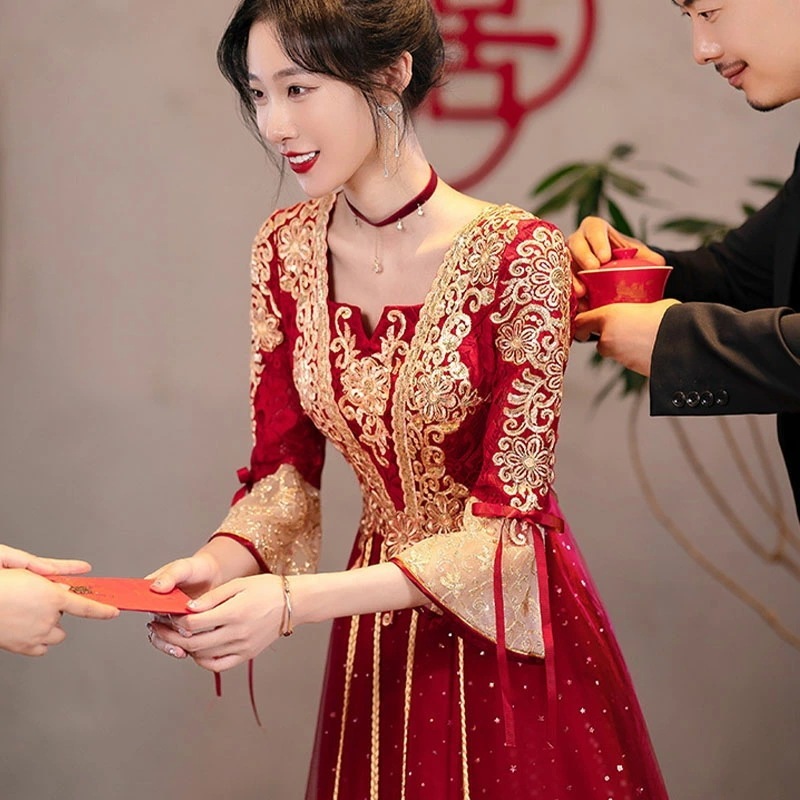 今買うのがお得！チャイナドレス ロング丈 マキシ丈 ミディアム丈 チャイナ ドレス ワンピース 中国風結婚式 花嫁ドレス 七分袖 改良中華ドレス ワインレッド 金色な刺繍 中国風ウェディングドレス 中