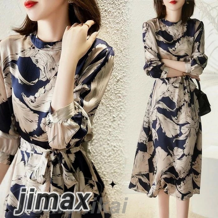ワンピース レディース 40代 きれいめ マキシワンピース 春夏秋 長袖ワンピースプリントレション Aラインスカート オシャレ大人 上品 ゆったり 通勤OL韓国風 30代 50代