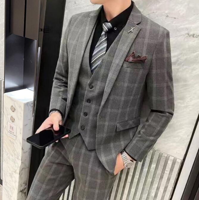 チェック柄 ビジネススーツ 上下セット 3ピース メンズスーツセット スリーピース スーツ 1ボタン ジャケット+ベスト+パンツ フォーマルスーツ 結婚式スーツ スタイリッシュスーツ スリムスタイル