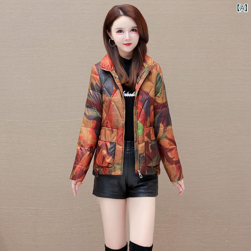 レディース ダウンジャケット カラフル プリント 大型 サイズ ショート ホワイトダックダウン ジャケット 女性 冬 母 牧歌的