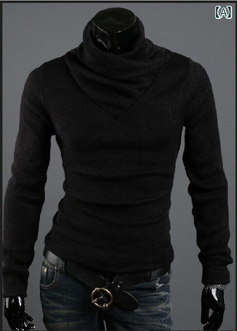 メンズ トップスス おしゃれ 秋冬 タートルネックニット セーター スリム パイル カラー 黒 ボトム シャツ 韓国 服