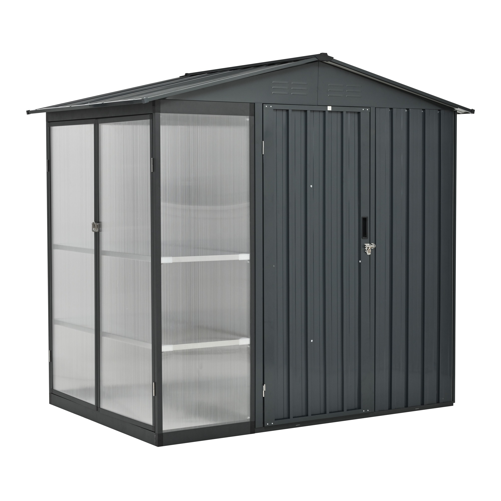 【国内へ発送&送·料·無·料】129【温室付き】物置 屋外 スチール 可動棚 倉庫 戸外収納庫 W180*D121*H180cm 物置き おしゃれ 大型 収納庫 屋外物置 防さび ベランダ 防水 ドア