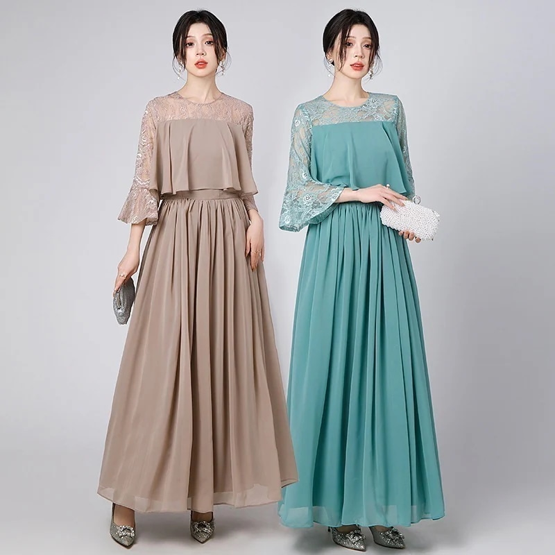 縁夢 レース袖 フリル イブニングドレス ロングワンピース イブパーティードレス キャバ 着痩せ 大人 同窓会 披露宴 卒業式 結婚式 演奏会 ウェディング 二次会 発表会 メガ割