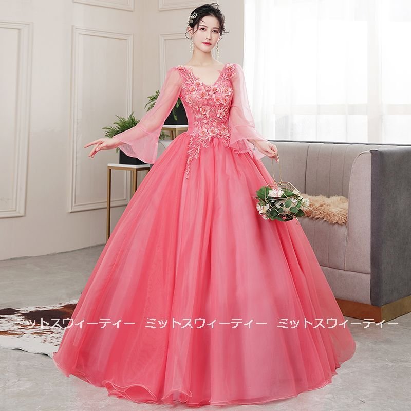 カラードレス 演奏会 安い ロングドレス コンサート ベルスリーブ パーティードレス 発表会 ウェデ