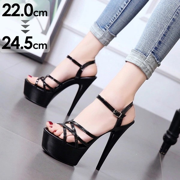 送料無料 サンダル ストラップ ハイヒール ナローストラップサンダル フェミニン ヌーディー 華奢 細紐 15cm 小さいサイズ レディース ブラック 大きいサイズ 女性 大人 春夏 ブラック 22.