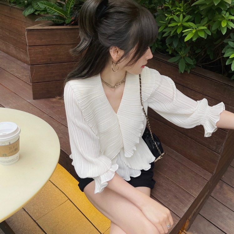 トップス シック 夏 ロマンチック フランス風 フリル 日焼け止め Vネック シャツ プリーツ 半袖 セクシー ティアード ビッグカラー スウィート レディース プルオーバー カジュアル 5,096円