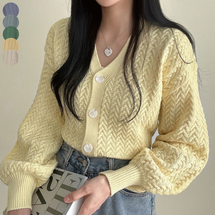 櫛のパターンニットカーディガン 全5色 レディース Y2K 韓国ファッション 春 ニットスプリングカーディガン アウター ケーブル パブスリーブ vネックニット カーディガン