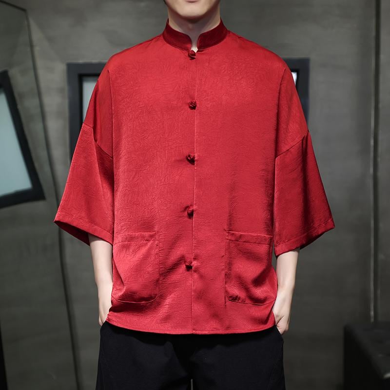 メンズ シャツ チャイナシャツ カジュアルシャツ チャイナ風 七分袖 大きいサイズ 夏 唐服 軽量素材 涼感 柔らか 伝統 エキゾチック シンプル カンフー 休日 紳士服