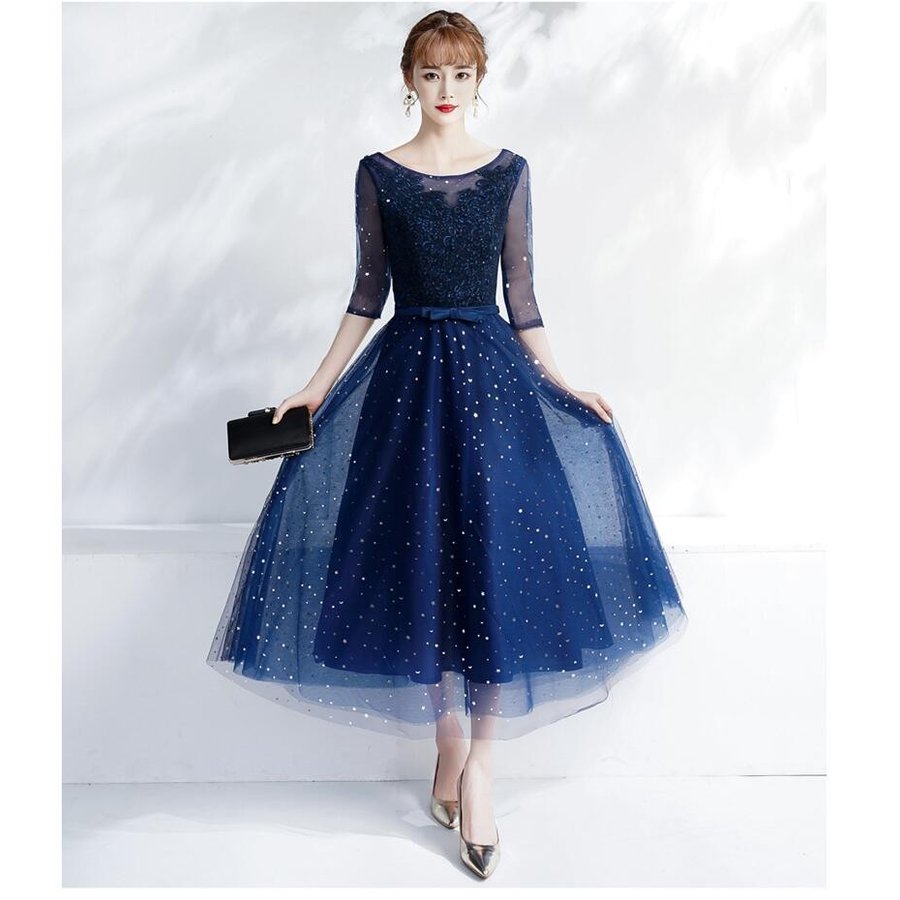 袖あり Aラインワンピース ミモレドレス パーティードレス 20代30代40代 ウエディングドレス