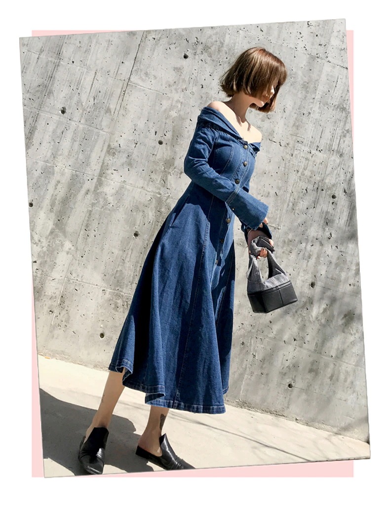 ワンピース デニムワンピース 袖あり 長袖 オフショルダー オフショル Aライン デニム ブルーデニム かわいい 大人可愛い シンプル カジュアル 大人 おしゃれ お洒落 大人可愛い ラブリー