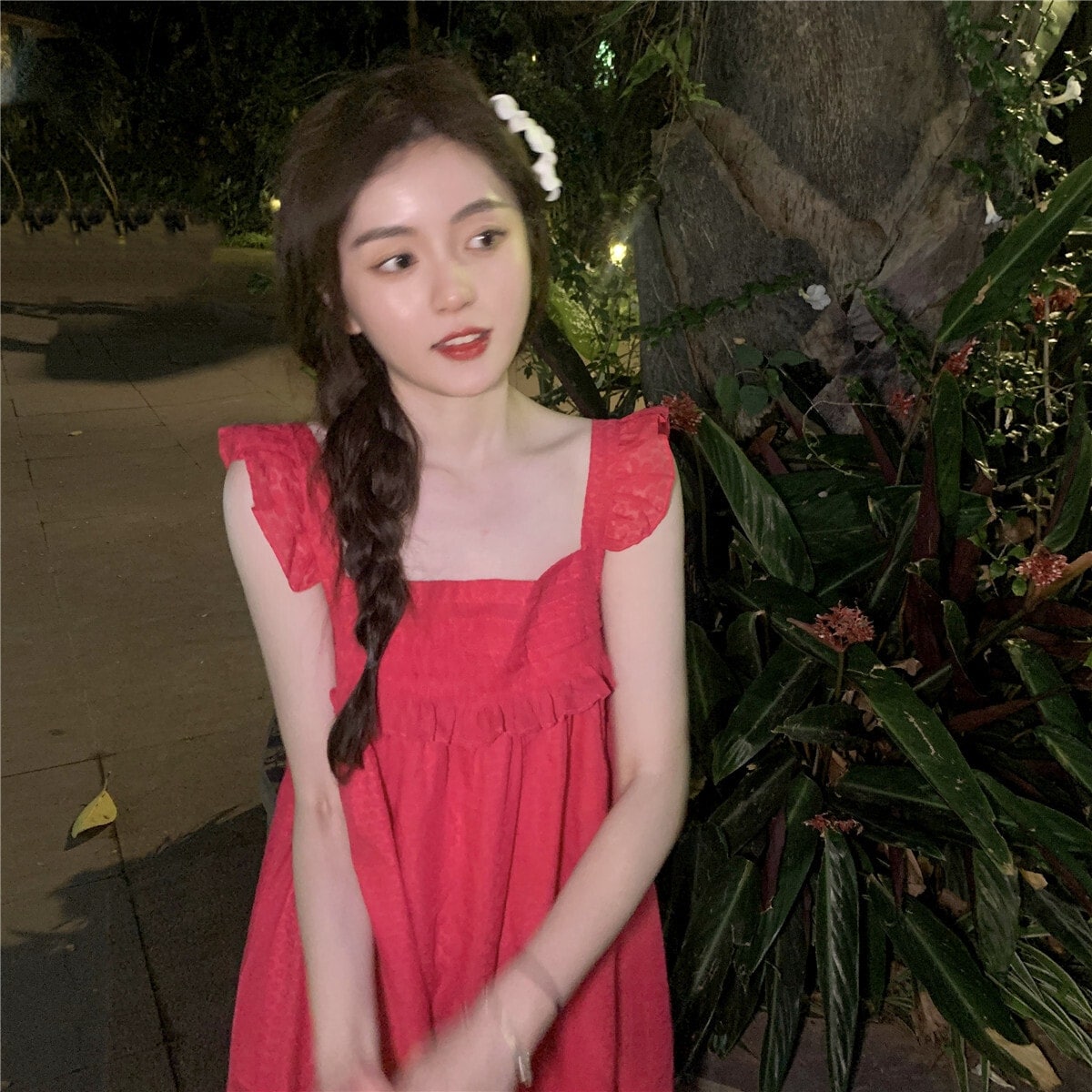 ワンピース レディース 花柄 レース ミニ 膝上 キャミワンピ ノースリーブ スクエアネック フリル かわいい ガーリー カジュアル ゆったり おしゃれ お出かけ デート 赤 S M L XL 2X