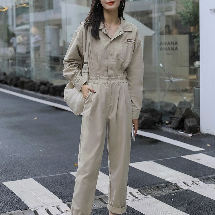 オールインワン レディース ジャンプスーツ つなぎ ロング丈 袖あり 長袖 襟付き ワイド ポケット 無地 カジュアル ボーイッシュ こなれ感 学生 アウトドア 楽ちん カーキ М オルチャン ラフ