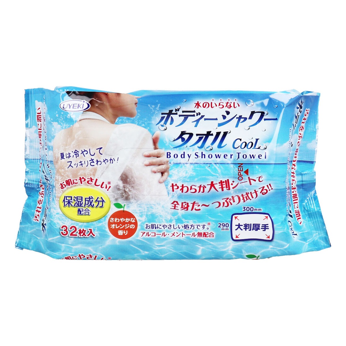 ボディーウェットシート ボディーシャワータオル CooL 保湿成分配合 弱酸性 大判厚手 さわやかなオレンジの香り 32枚入り X5パック
