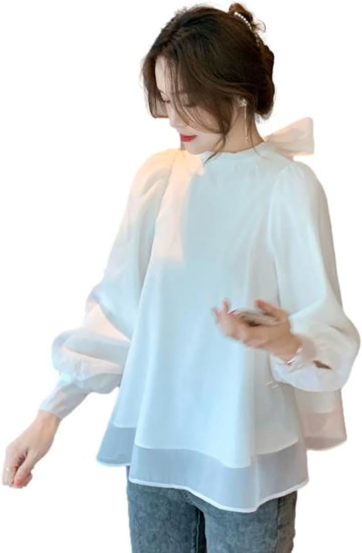 ブルーベリル ブラウス レディース バックリボン シフォン フレア パフスリーブ 長袖 立ち襟 くるみ釦 カフス BB025(ホワイト, S)