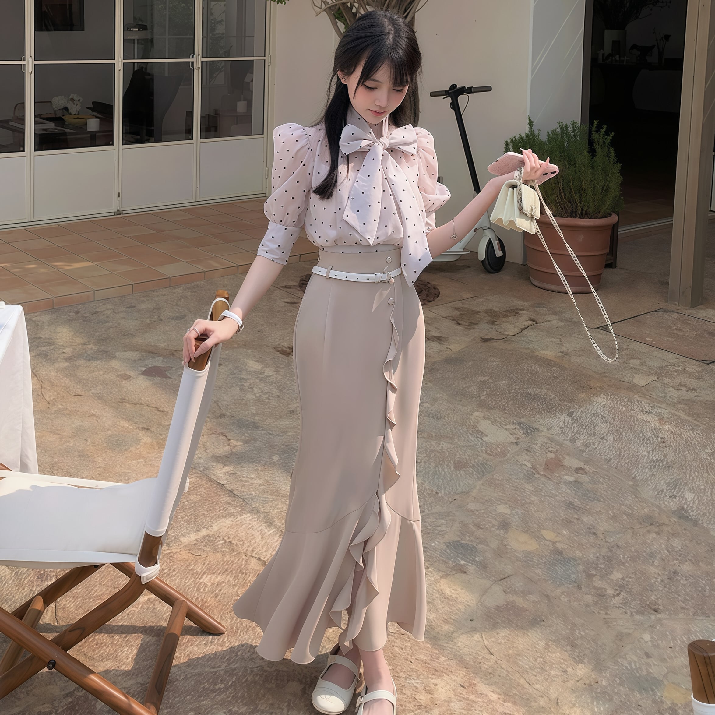 ボウタイブラウス×フリルマーメイドスカート　エレガント2点セット