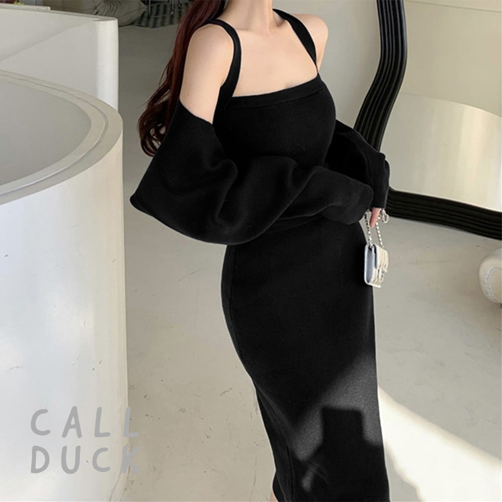 ニットワンピース セットアップ ロング丈 S レディース リブ ホルターネック キャミソール カーディガン 春夏秋 181998