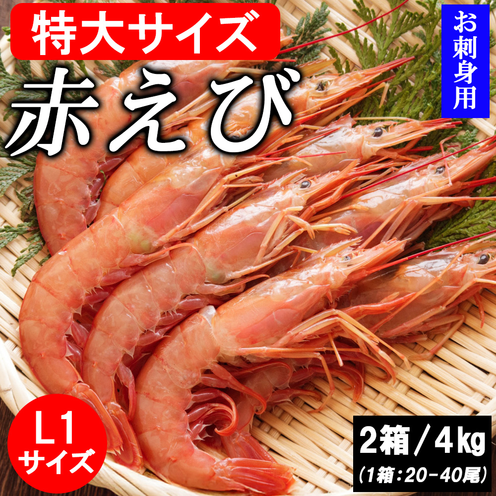 赤えび 4kg 特大 L1サイズ (1箱/2kg)(1箱/20-40尾) アルゼンチンえび 赤海老 有頭エビ えび エビ 海鮮丼 急速冷凍 生食用 お刺身用 FND-ff0027