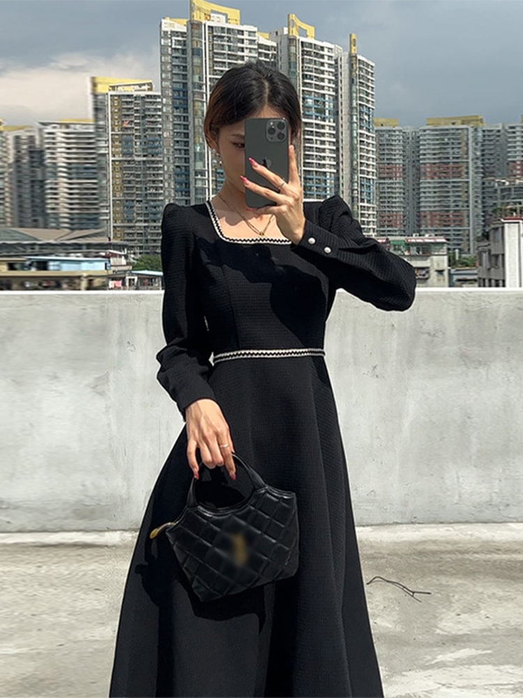 シャオXiangヘップバーンスタイル黒の長袖ドレス子供2023新しい初秋のシニアセンスの気質薄いロングドレス