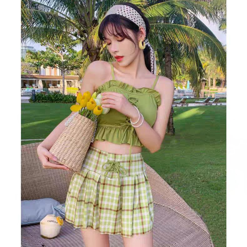 かわいい小さな新鮮なスプリット水着チェック柄スカート水着新鮮な柔らかい生地の水着温泉水着 スイムウェア 水着 レディース 水着 体型カバー 水着 韓国 ビキニ