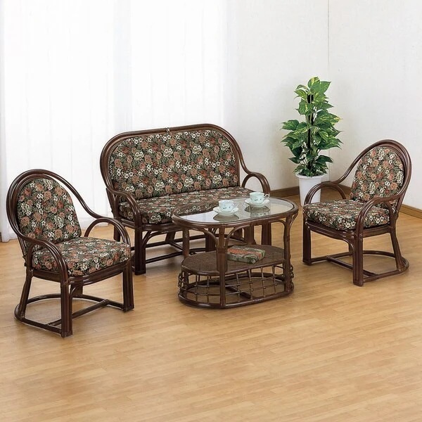籐 アームチェアソファテーブル リビング4点セット ラタン家具 リビングテーブルセット チェア ソファ 完成品 籐家具 ラブソファー センターテーブル ラブチェア 椅子 アジアン クッション付き