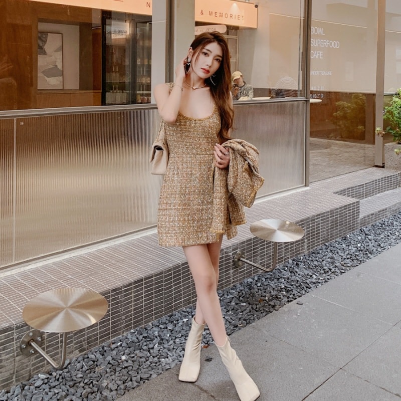 2025秋と冬のゴールデンツイードリトルxiangfeng Qiang丸ネックジャケットトップベストドレス女性セット