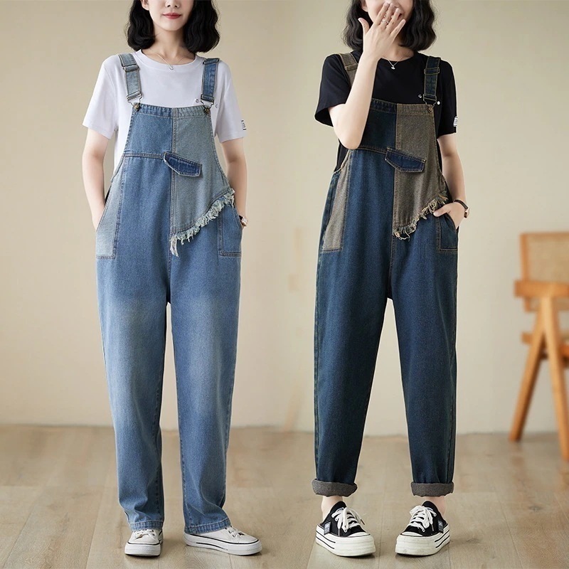 ワイドパンツ オールインワンパンツ コントラストカラー レトロ 小柄 着痩せ ゆったり 新作 2025春秋 レディース デニムサロペット
