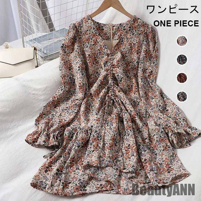 SNSで話題新生活 ワンピース オールインワン レディース 秋 おしゃれ キレイめ 上品 ゆったり Vネック 花柄 長袖 ミニ丈 ショート丈 フレア オフィス 通学 通勤 秋 春 冬 秋ファッション