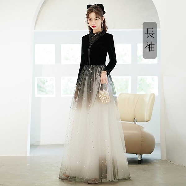 ワンピースドレスドレス長袖 袖付き 演奏会 ピアノ発表会 成人式 大人 結婚式 キラキラ 発表会 ステージドレス 黒 同窓会 ブラック 半袖 パーティードレス 母親 ドレス ロングドレス Aライン 14,688円