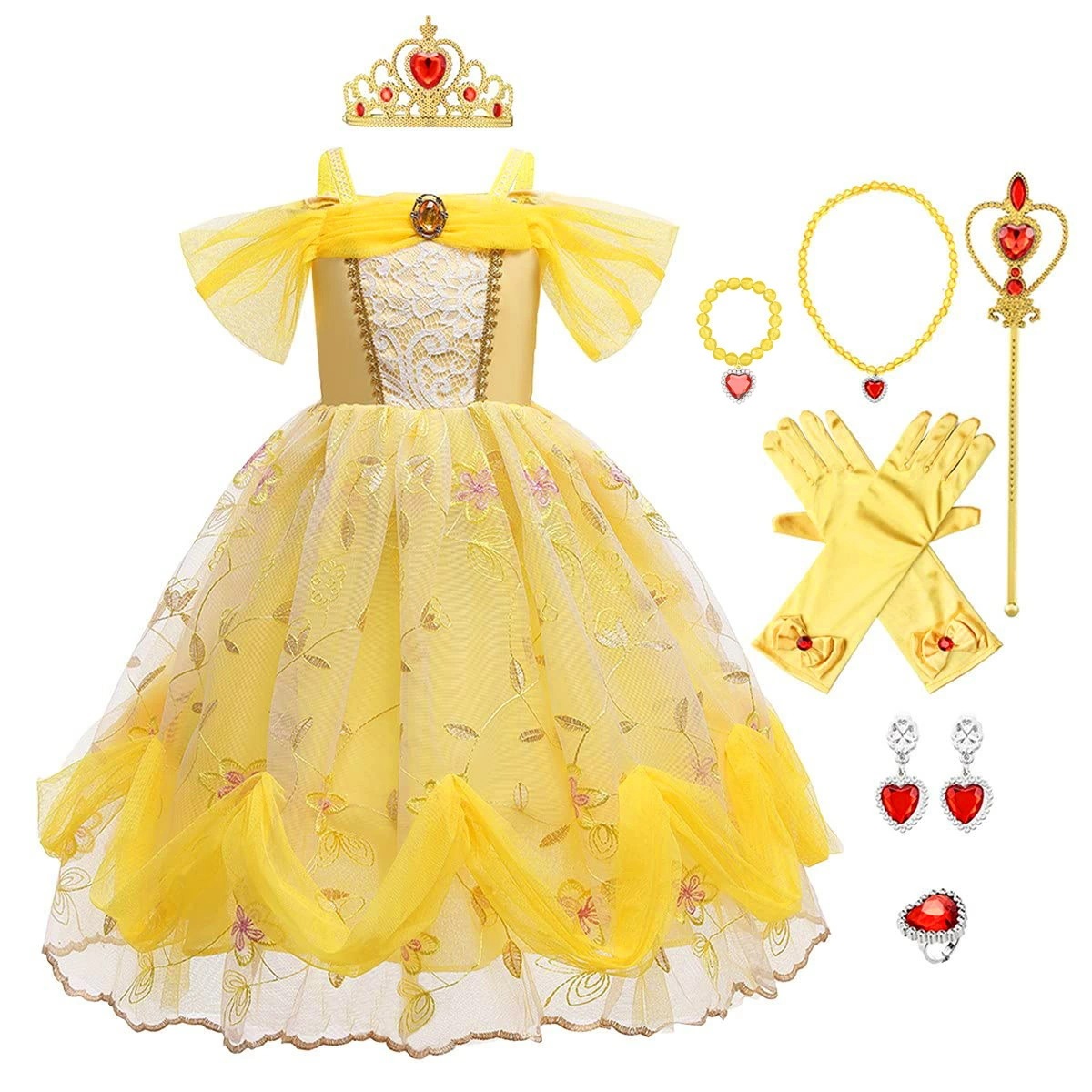 プリンセス　子供　女の子 黄色　アクセサリセットワンピース お誕生日 クリスマス プレゼント キッズ コスチューム ハロウィン パーティー 仮装