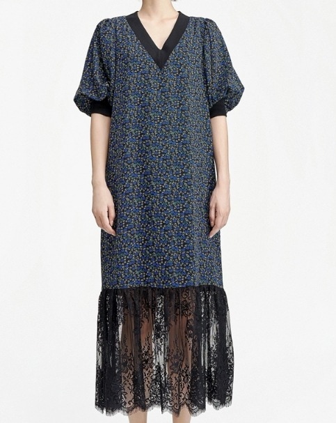 レディース ワンピース ロング 半袖 5分袖 パフスリーブ Vネック 襟なし ストレート レース 異国風 切り替えデザイン 大人可愛い きれいめ カジュアル 上品 おしゃれ かっこいい レトロ ラフ