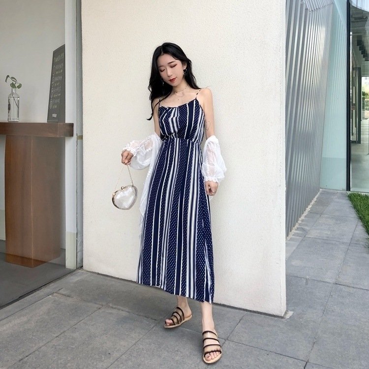 1667.ストライプマキシ丈ワンピース（ブルー）2019 春夏 sale 女子会 通学 普段使い 海 ビーチ プール リゾート