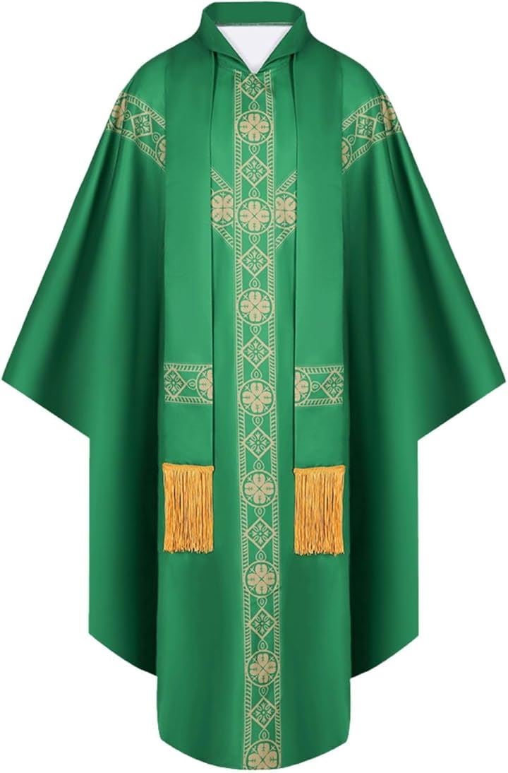 神父 コスプレ 司祭 聖職者 牧師 礼拝 ハロウィン ミサ用 ストール付き 丸襟ローブ 衣装 学園祭(グリーン)