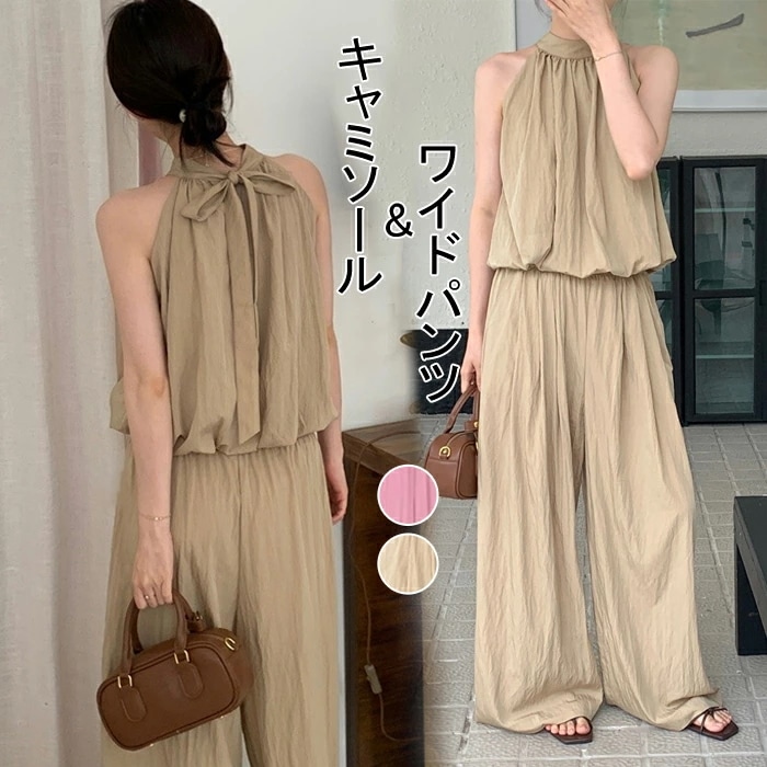 レディース セットアップ きれいめ ワイドパンツ レディース 夏用 パンツスーツ レディース セットアップ ブラウス ノースリーブ リボン ブラウス オフィス ゆったり キャミソール セットアップ 上