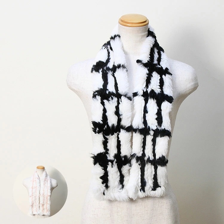 ラビット 編み込み ファー マフラー チェック柄 レディース ギフト プレゼント