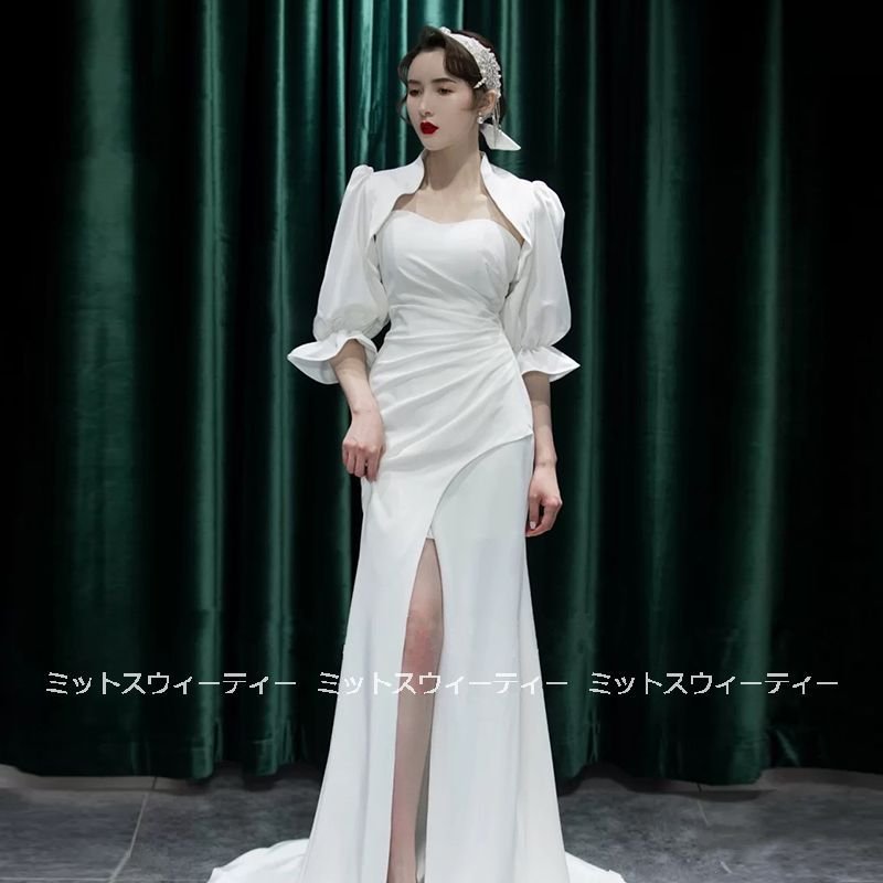ウェディングドレス 結婚式 スリット 2点 ウエディングドレス 二次会 花嫁 パーティードレス 披露宴 ブライダル ロングドレス 演奏会 シンプルドレス 5分袖