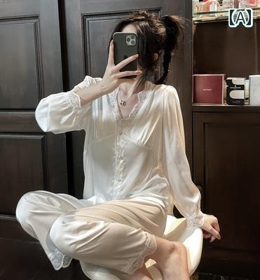 レディース　シャツ　レース 桑 絹 シルクパジャマ 女性 ネット 薄手 秋 サテン Vネック レース 春秋 長袖 ズボン ホーム 服