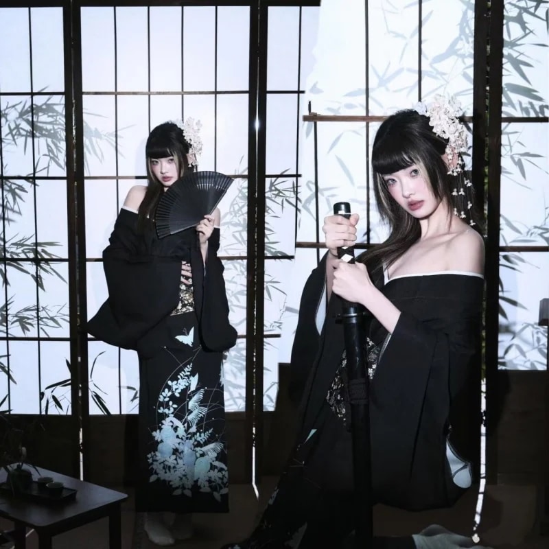気 黒系改良着物 正装浴衣ワンピース 日本風 女性写真衣装