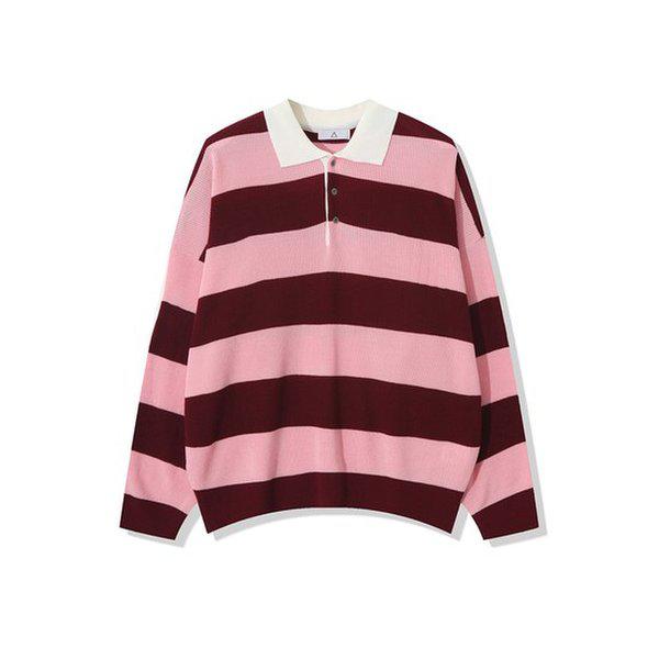 メンズ秋配色ボーダーカラネック長袖ニットTシャツ AC-KN-Q61-ピンク