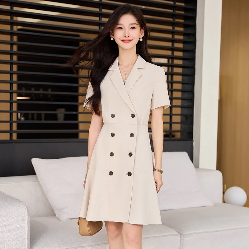 【夏新品】杏色スーツワンピース女性半袖ダブルブレスト気質OL通勤優しい風シャツワンピース30%制限