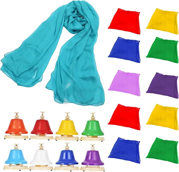 ベル 鈴 ハンド 楽器 リトミック ベール ダンス スカーフ 運動会 レクリエーション(マルチカラーベル8個小ベール10枚水色大)