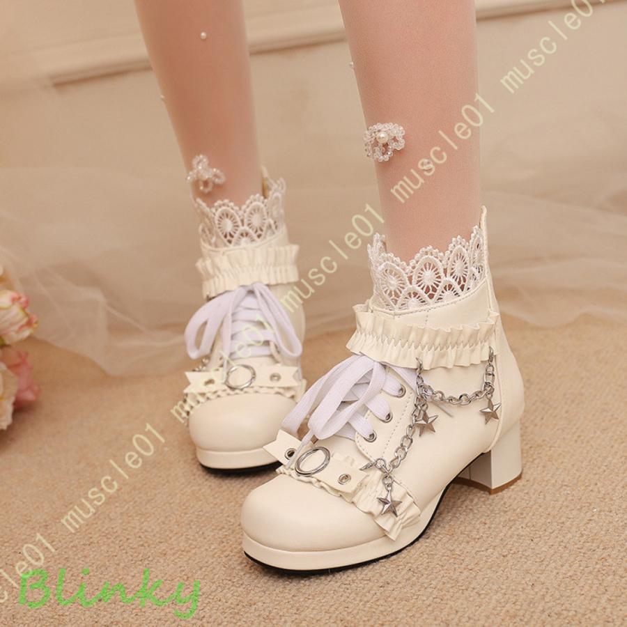 クリスマス厳選素材ショートブーツ レディース コスプレシューズ 黒 白 レース飾り フリル ショート丈 レースアップブーツ おしゃれ 無地 歩きやすい 通勤 通学 大きいサイズ
