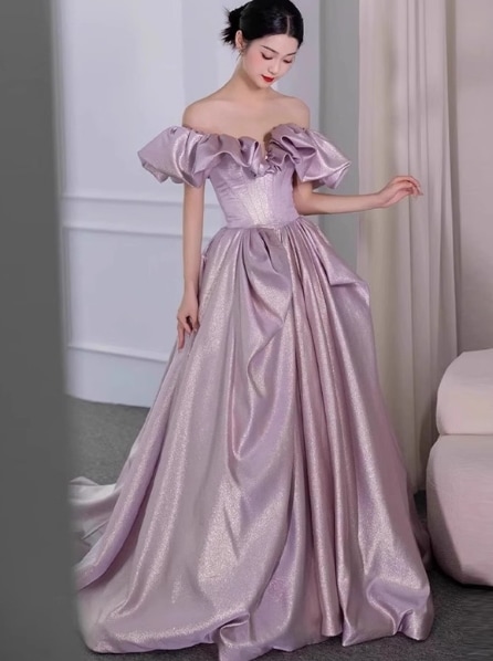 カラードレス パープル オフショルダー デザイン感 クラシカル 編み上げ 披露宴