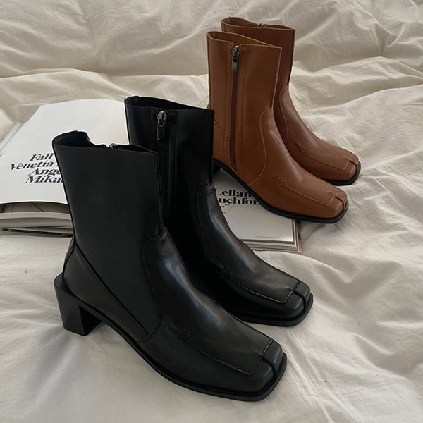 ショートブーツ サイドジップ スクエアトゥ レディース 黒 茶色 ブラック ブラウン