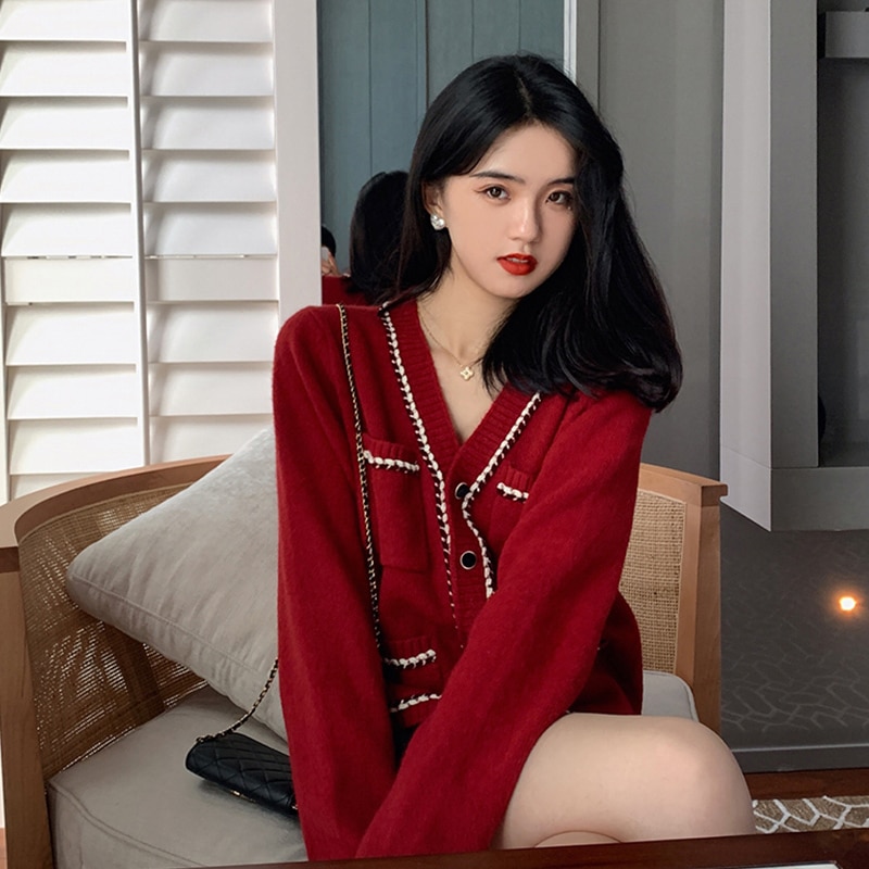 カーディガン ニット トップス セーター シンプル ブラック 黒 ホワイト 白 レッド 赤