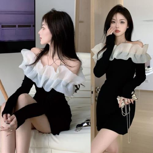 【急速出荷 2025年新作】オフショル ワンピース ミニ 超ミニ タイト 地雷系 レディース お呼ばれワンピース 韓国 無地 オフショルだー 秋 冬 長袖 ショート丈 ミニ丈 可愛い スリム ラッフル