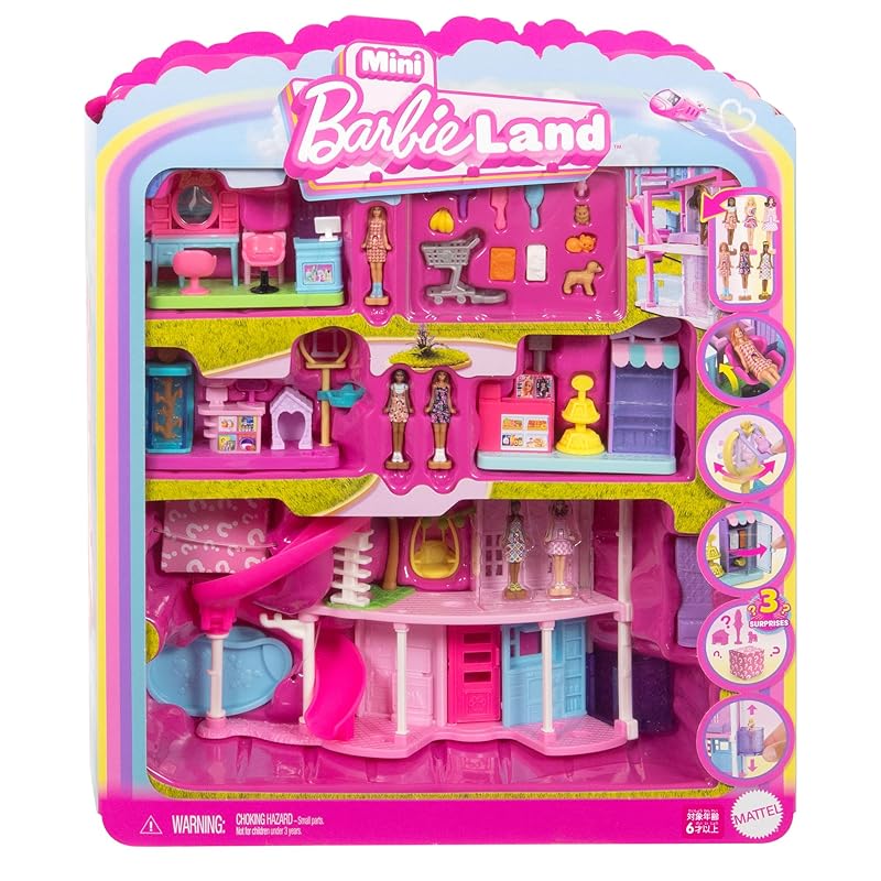 バービー(Barbie) ミニバービーランド　ドリームハウスと3つのプレイセット（ヘアサロンスーパーマーケットペットショップ）きせかえ人形・ハウス ままごと・ごっこ遊び マイクロドール 計6体付